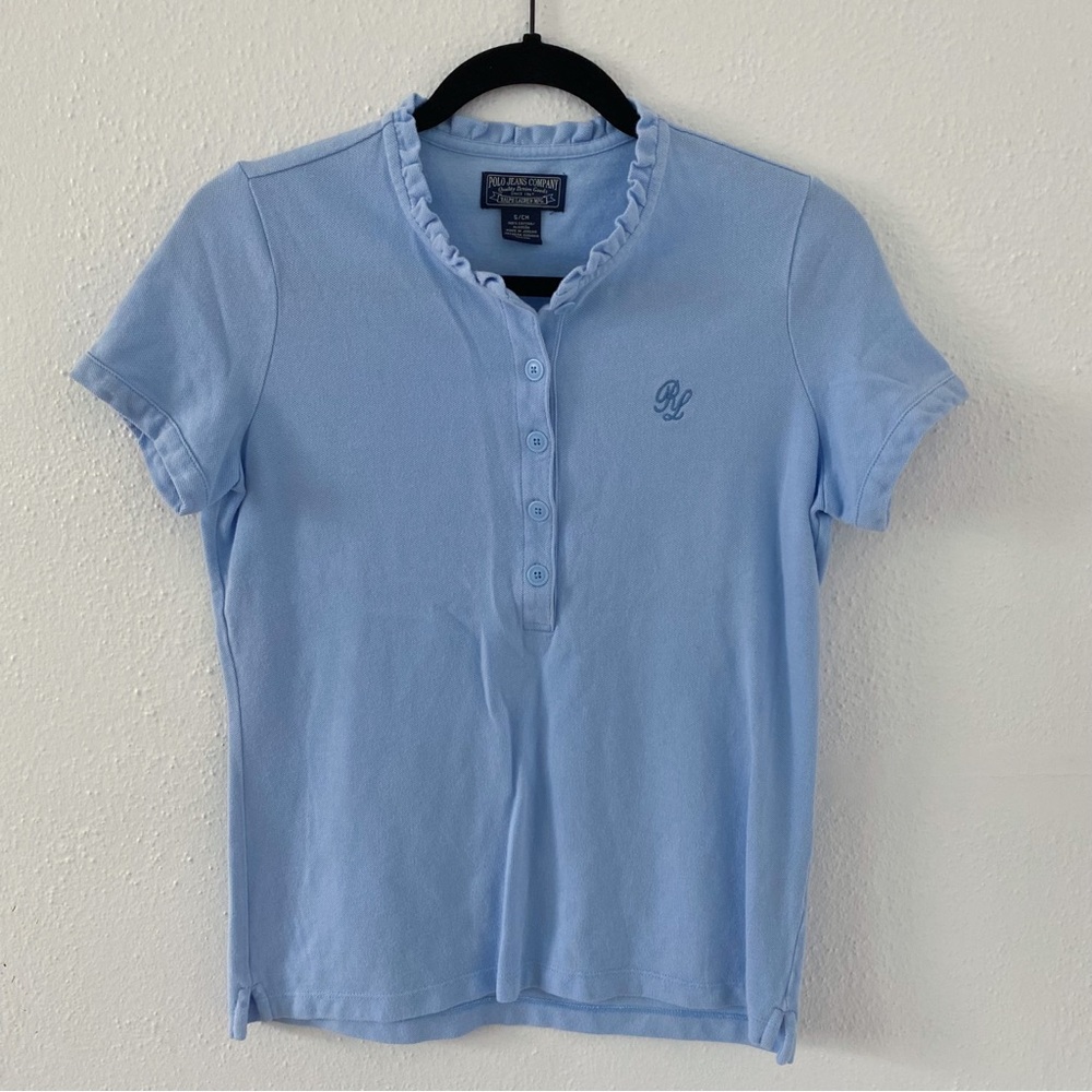 Polo Ralph Lauren Jeans Company Ruffle Collar Quarter Button Baby Blue Small